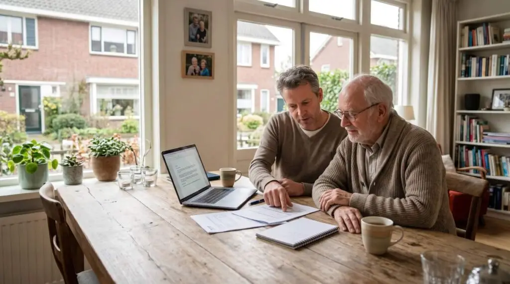 Zoon helpt vader aan tafel bij de PGB Wmo aanvraag en zorgformulieren