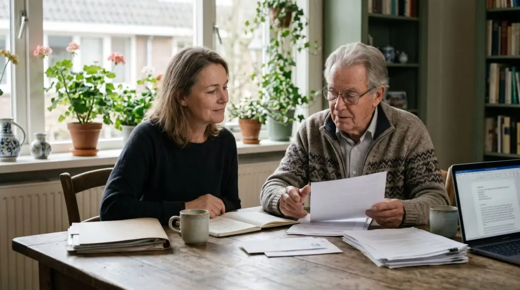 Gemeentelijke vergoedingen voor mantelzorgers: dochter en senior bekijken samen brieven en zorgadministratie aan de eettafel